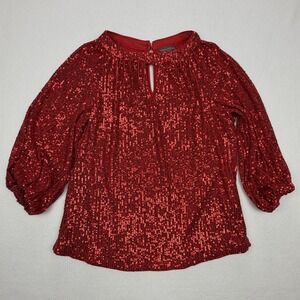 Vince Camuto Womens Red Sequin Keyhole Balloon Sleeve Blouse Top XS